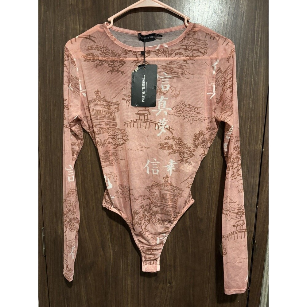Pretty Little Thing Bodysuit Shape Rose Oriental Printed Mesh Long Sleeved SZ 10